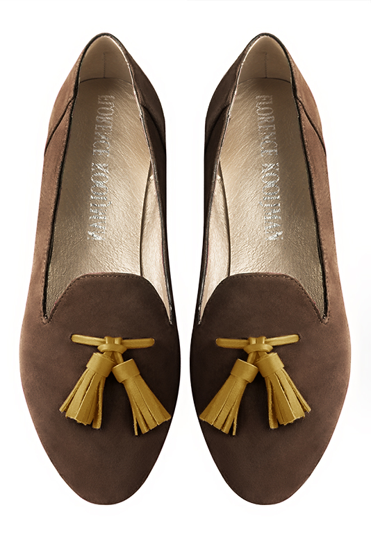 Chocolate brown and mustard yellow women's loafers with pompons. Round toe. Flat block heels. Top view - Florence KOOIJMAN